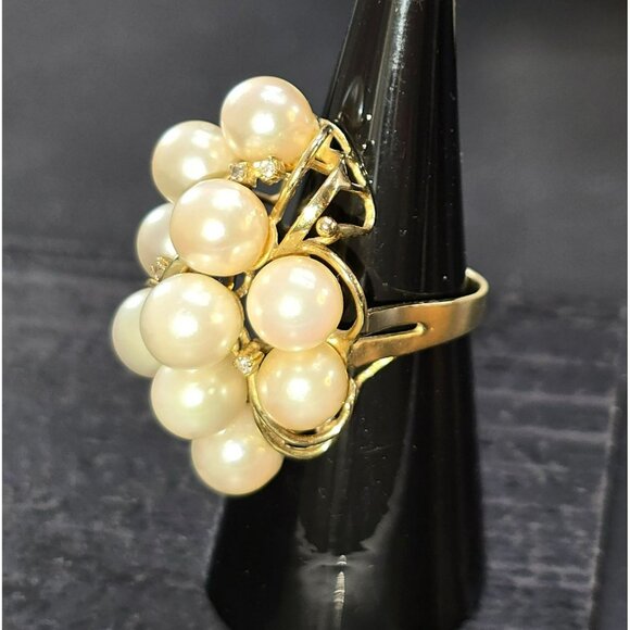 Vintage 14K Gold Cocktail Ring With Cultured Pearls & Diamonds Size 6.75 HS81 - Picture 5 of 16